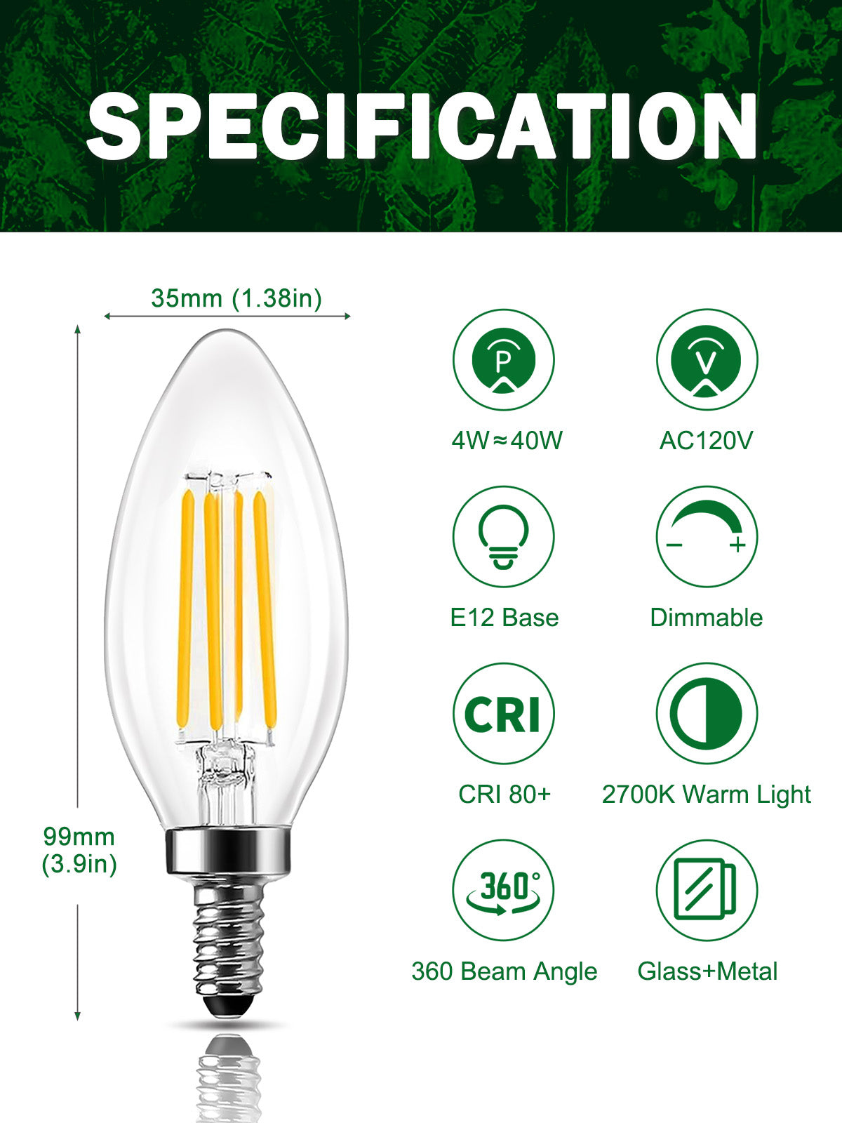 ROMANJOY 120V E12 Dimmable C35 4W LED Light Bulb, 10 Pack (2700K Warm)