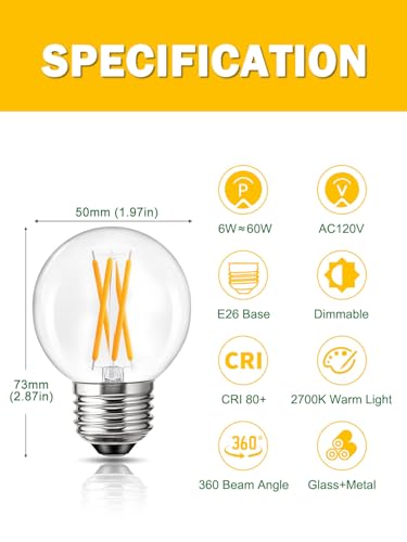 Romanjoy 120V E26 Dimmable G16.5 6W LED Light Bulb, 10 Pack (2700K Warm)