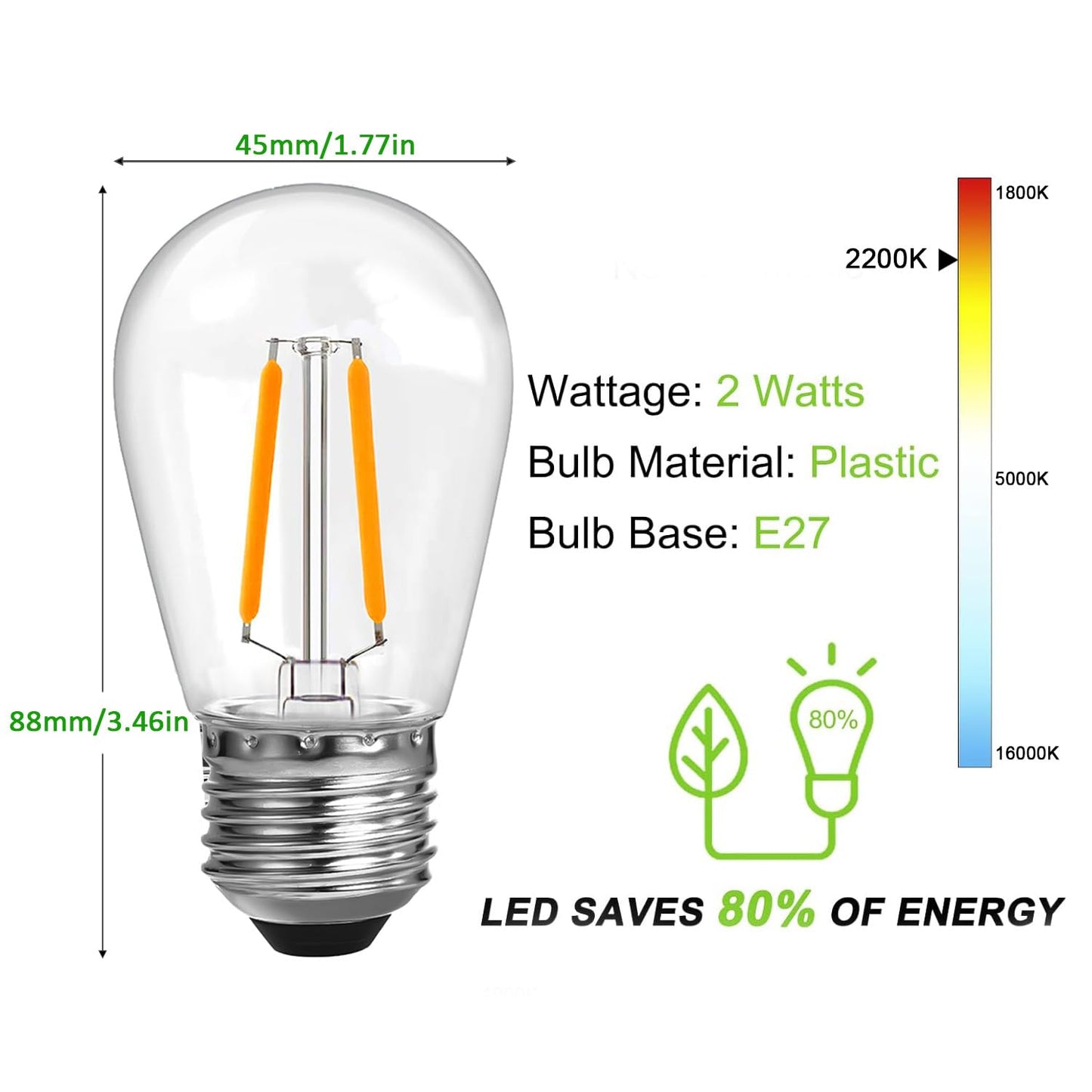 ROMANJOY 230V E27 PC Plastic S14 2W LED Light Bulb, 25 Pack (2200K Warm)