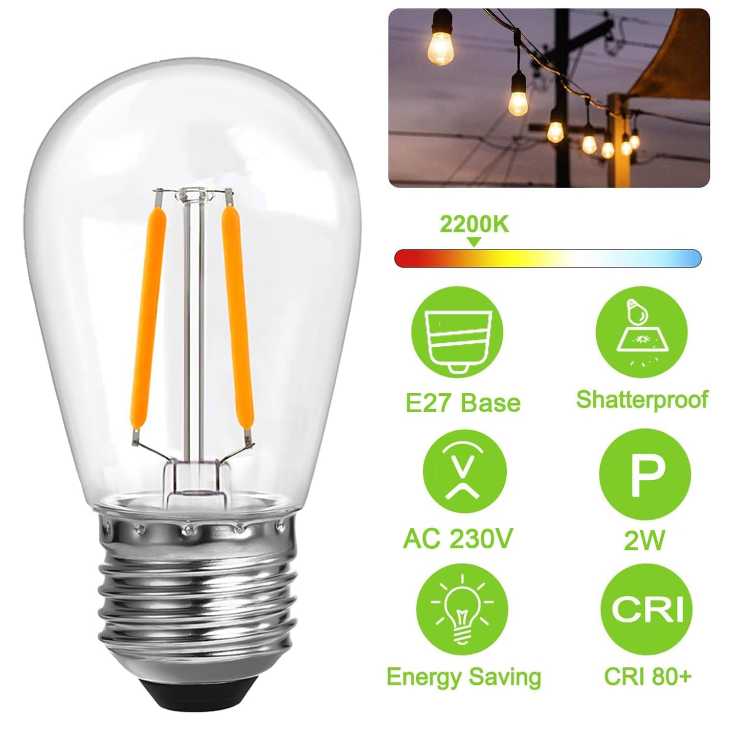 ROMANJOY 230V E27 PC Plastic S14 2W LED Light Bulb, 25 Pack (2200K Warm)