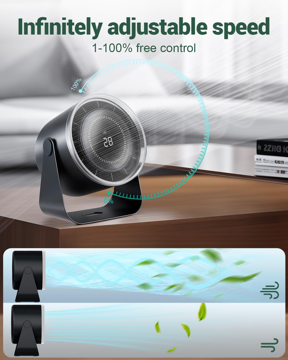 ROMANJOY 1-100 Speeds Cordless Office Desk Fan (Black)