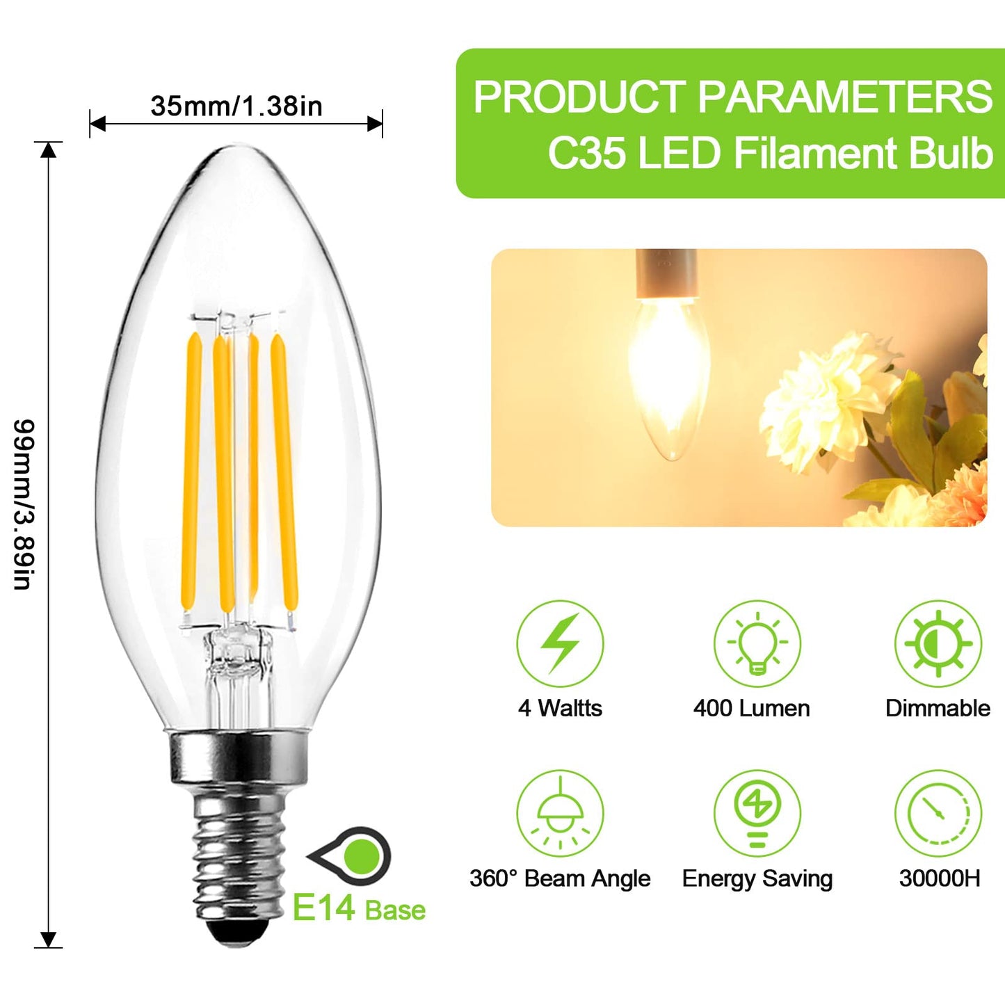 ROMANJOY 230V E14 Dimmable C35 4W LED Light Bulb, 5 Pack (2700K Warm)