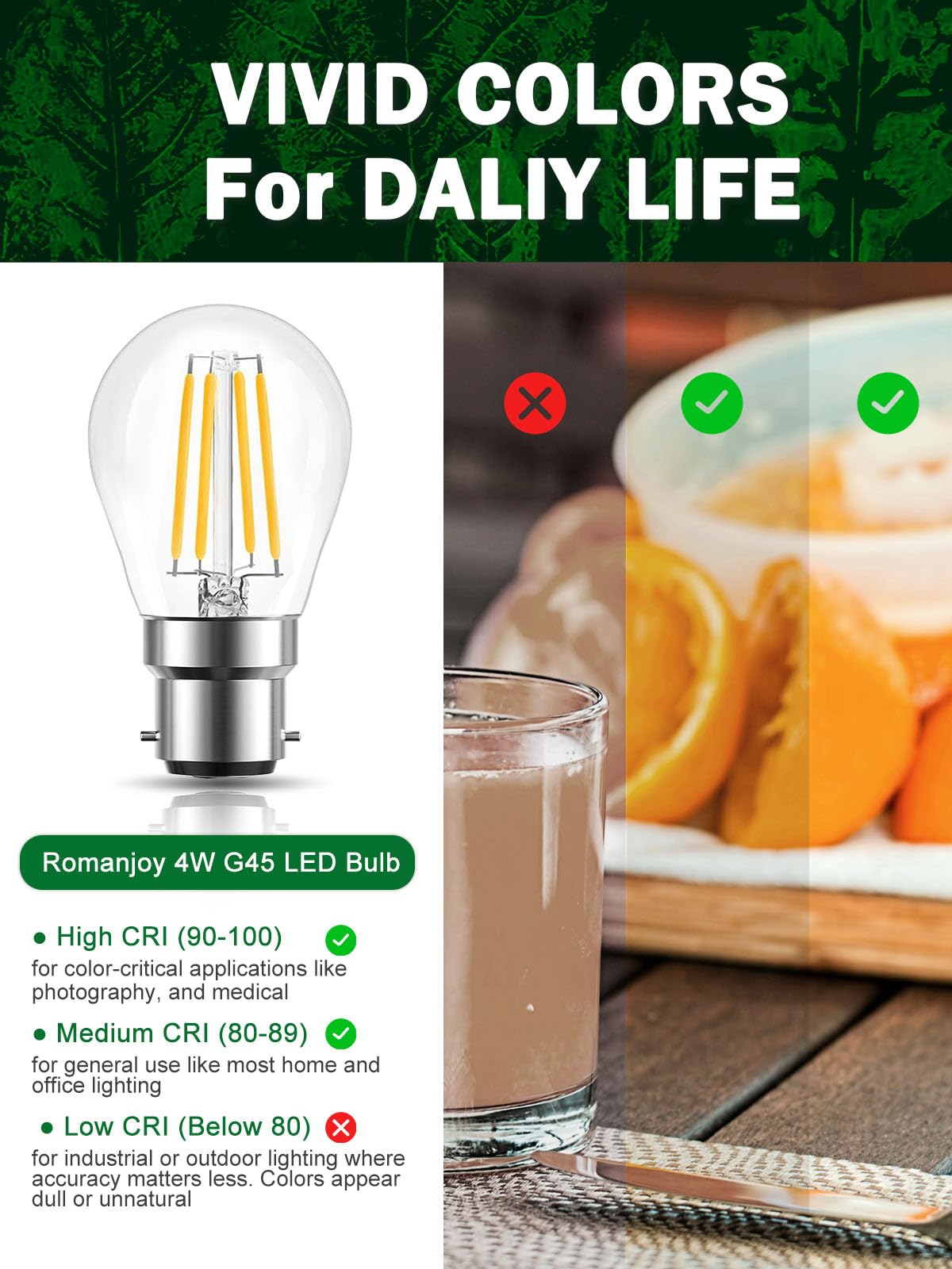 ROMANJOY 230V B22 Dimmable G45 4W LED Light Bulb, 4 Pack (2700K Warm)