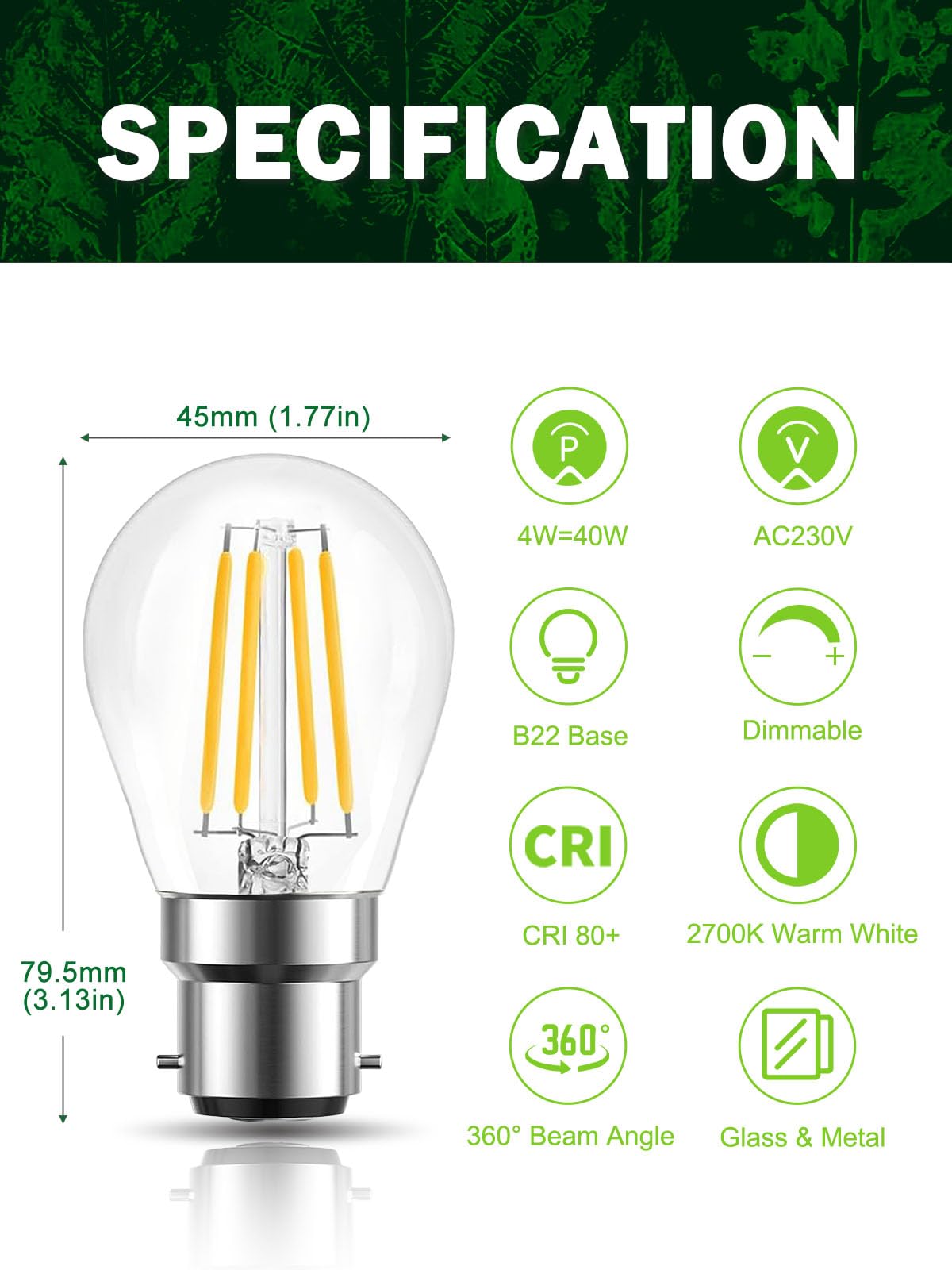 ROMANJOY 230V B22 Dimmable G45 4W LED Light Bulb, 4 Pack (2700K Warm)