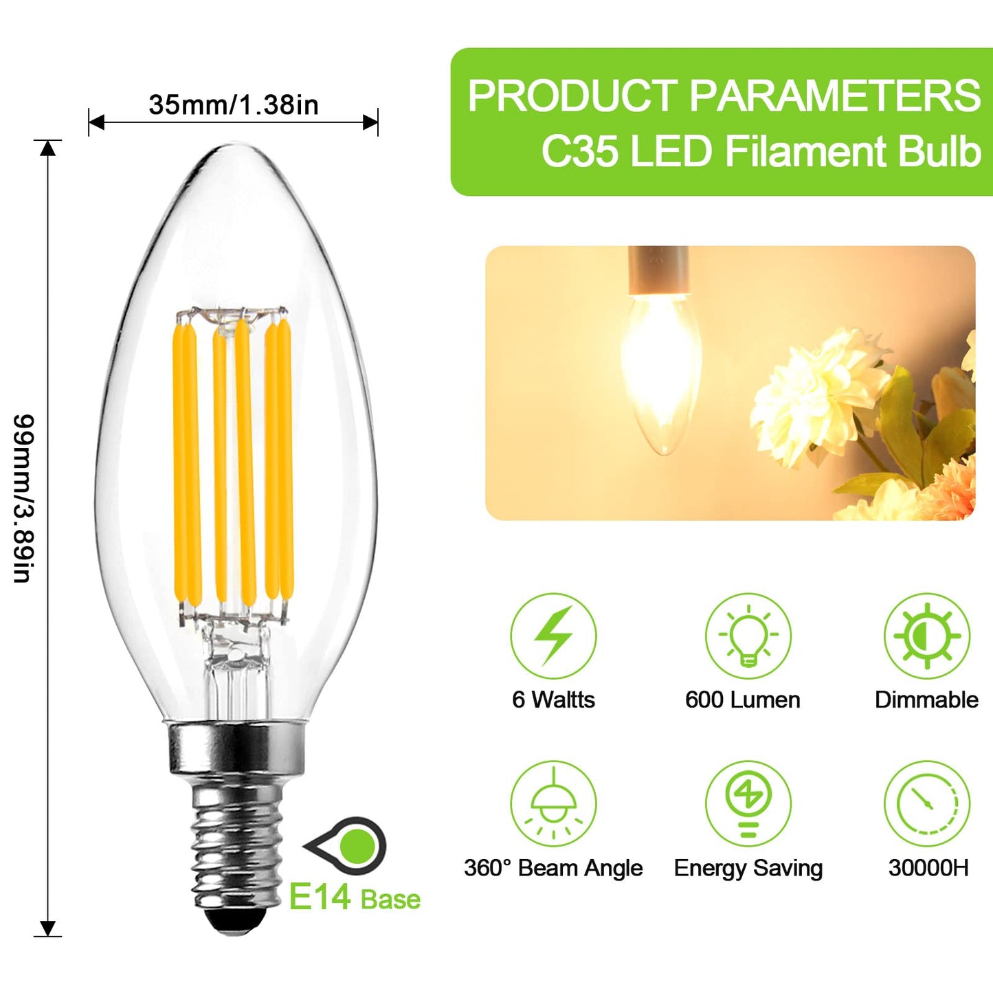 ROMANJOY 230V E14 Dimmable C35 6W LED Light Bulb, 5 Pack (2700K Warm)