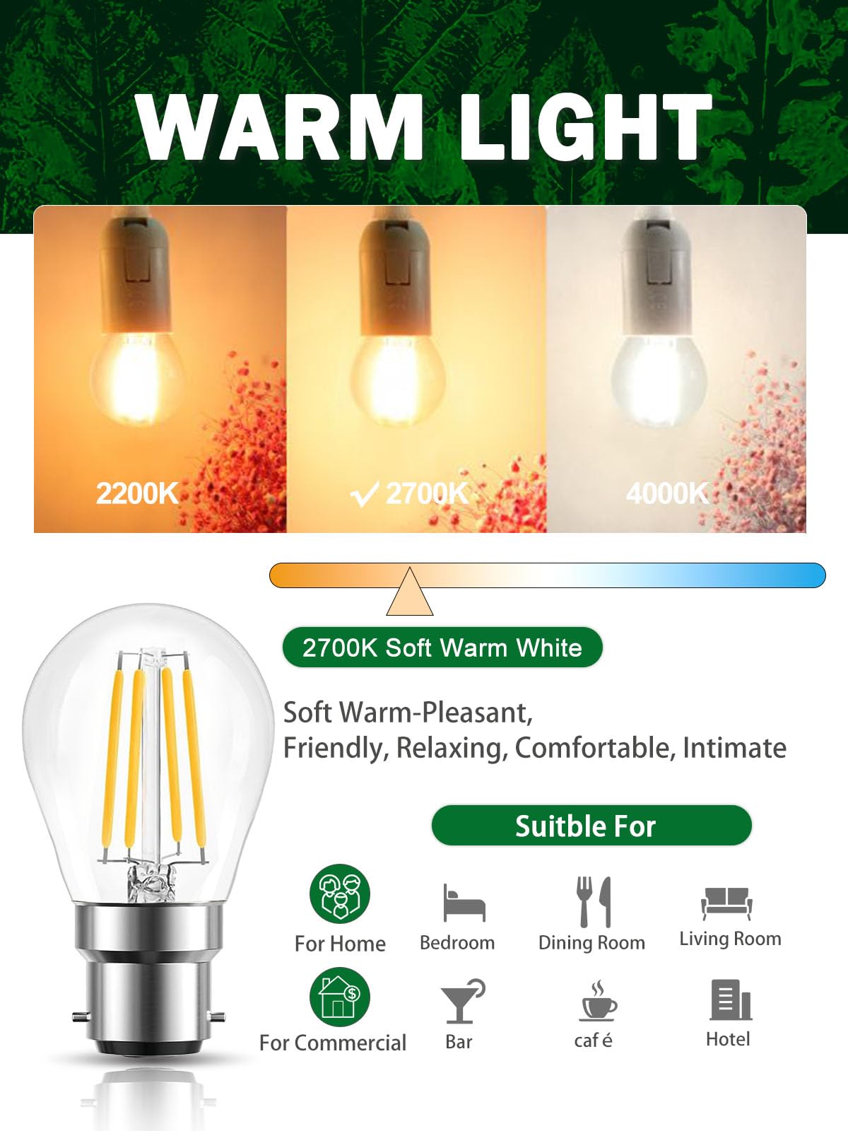 ROMANJOY 230V B22 Dimmable G45 4W LED Light Bulb, 4 Pack (2700K Warm)