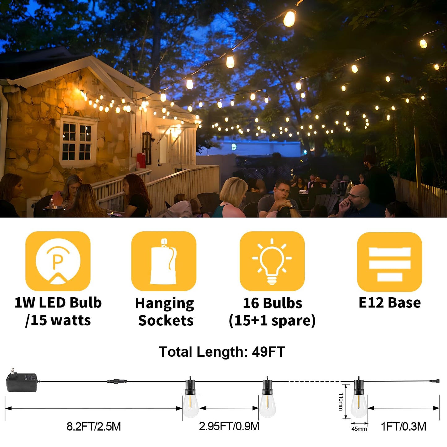 ROMANJOY US Adapter Powered 15M 49FT E12 S14 LED Outdoor String Lights (2700K)