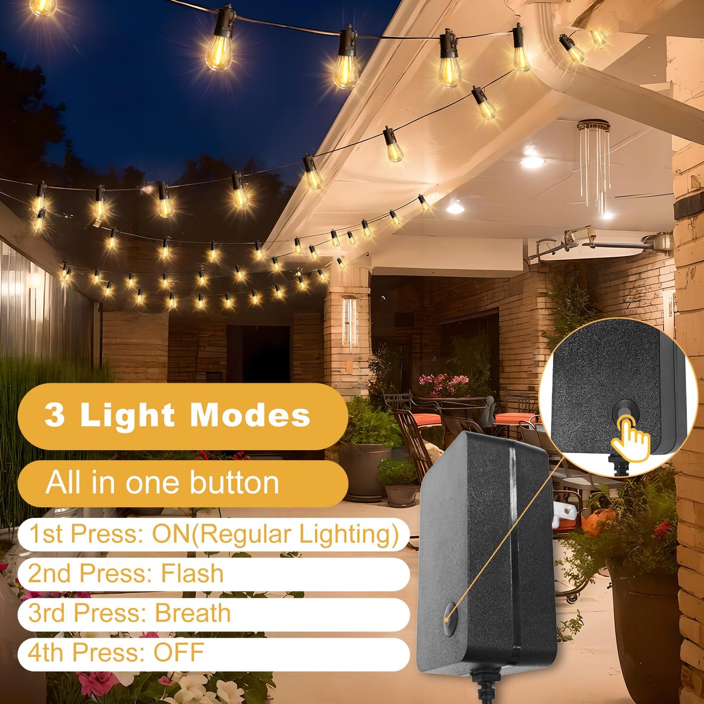 ROMANJOY US Adapter Powered 15M 49FT E12 S14 LED Outdoor String Lights (2700K)