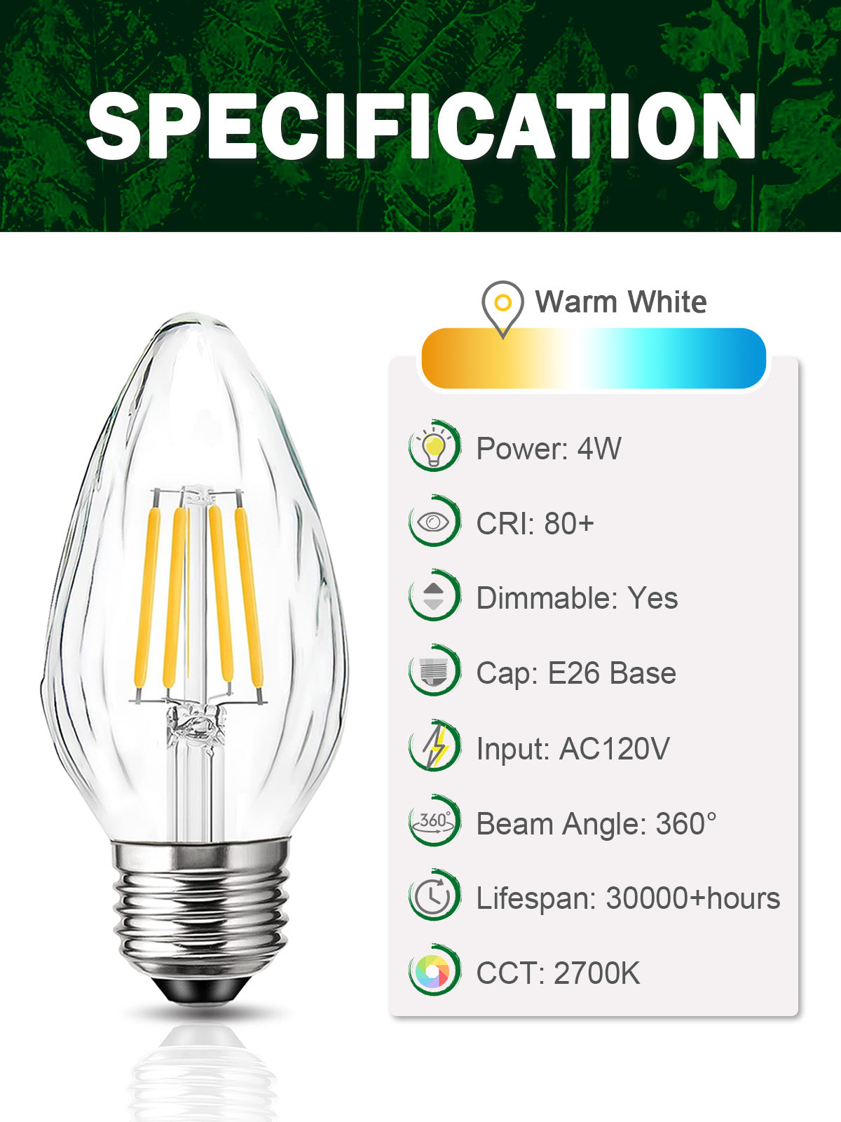 ROMANJOY 120V E26 Dimmable F15 4W LED Light Bulb, 4 Pack (2700K Warm)