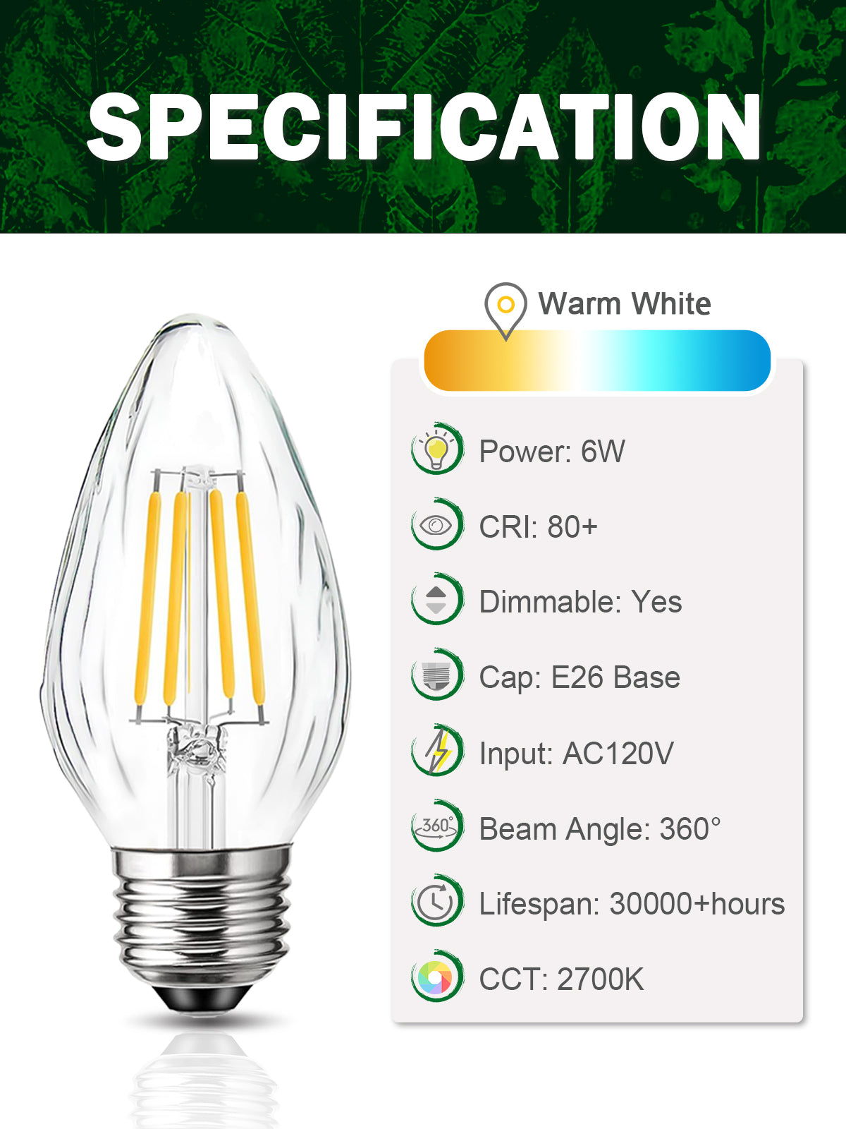 ROMANJOY 120V E26 Dimmable F15 6W LED Light Bulb, 4 Pack (2700K Warm)