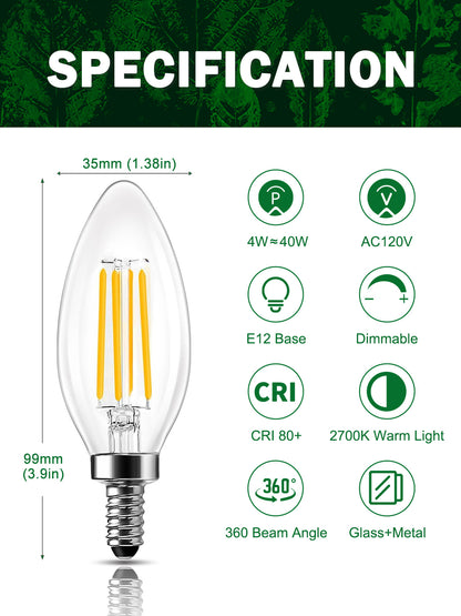 ROMANJOY 120V E12 Dimmable C35 4W LED Light Bulb, 10 Pack (2700K Warm)