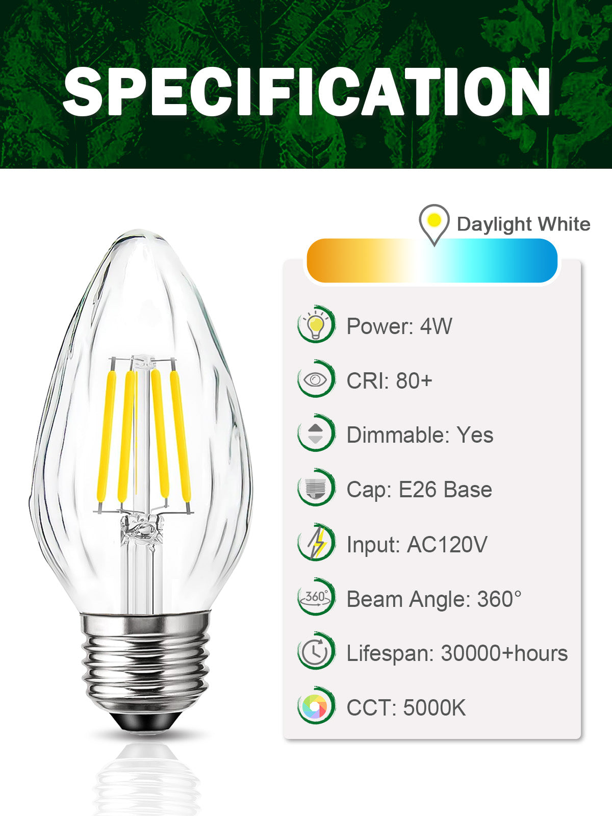ROMANJOY 120V E26 Dimmable F15 4W LED Light Bulb, 4 Pack (5000K Cold)