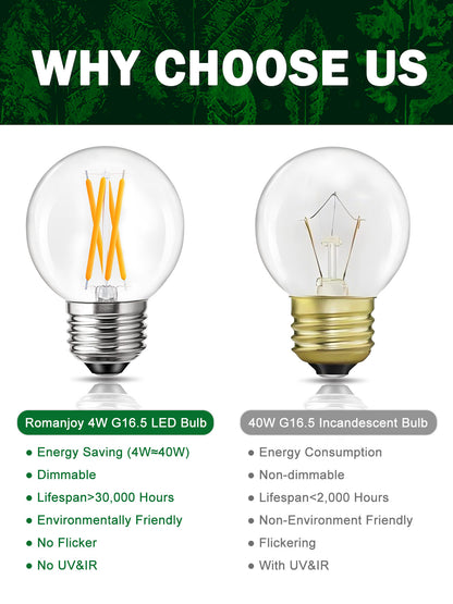 ROMANJOY 120V E26 Dimmable G16.5 4W LED Light Bulb, 10 Pack (2700K Warm)