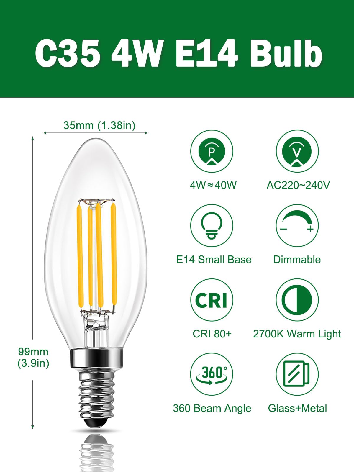 ROMANJOY 230V E14 Dimmable C35 4W LED Light Bulb, 10 Pack (2700K Warm)