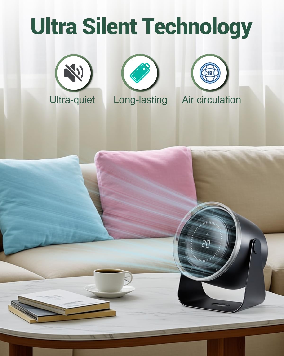 ROMANJOY 1-100 Speeds Cordless Office Desk Fan (Black)