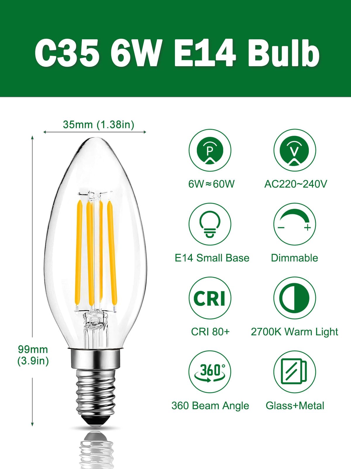 ROMANJOY 230V E14 Dimmable C35 6W LED Light Bulb, 10 Pack (2700K Warm)