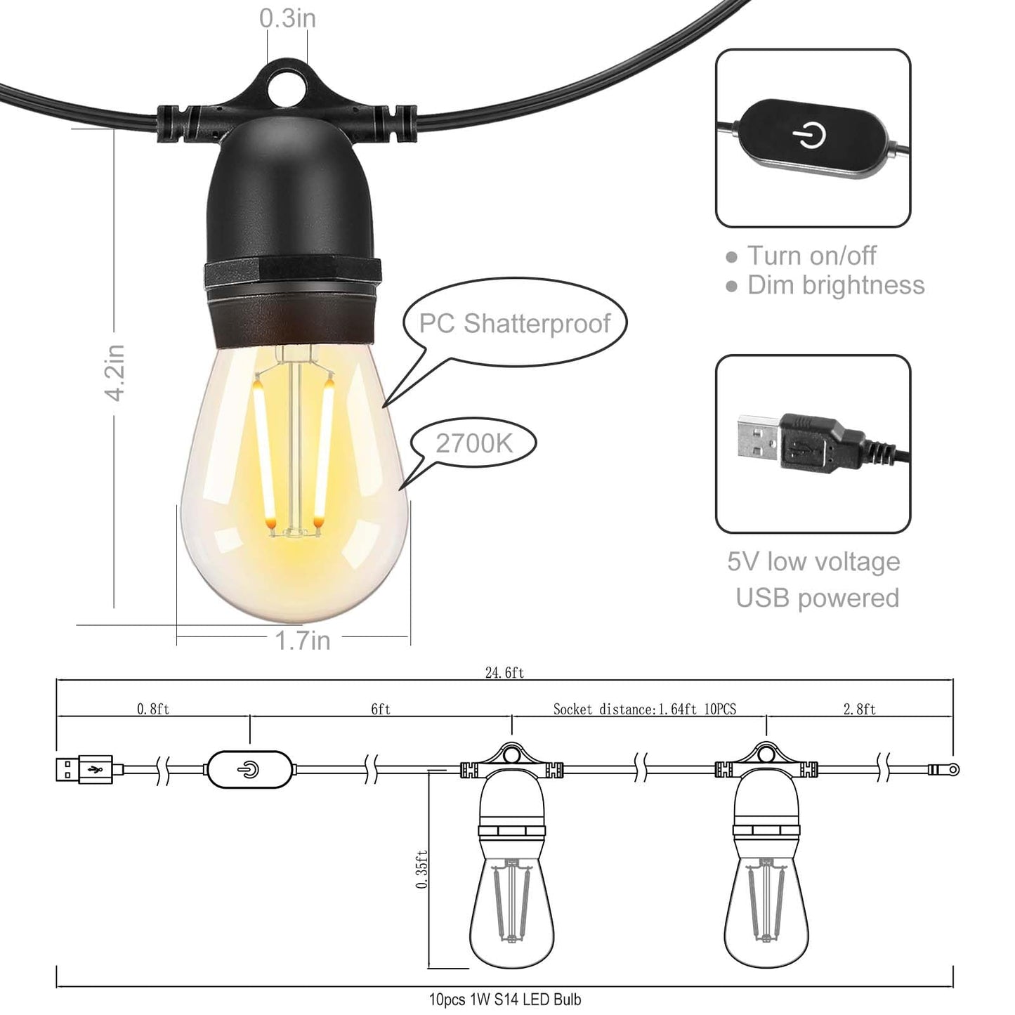 ROMANJOY 24.6FT DC5V USB LED String Lights for Camping (2700K Warm)