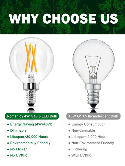 Romanjoy 120V E12 Dimmable G16.5 4W LED Light Bulb, 10 Pack (2700K Warm)