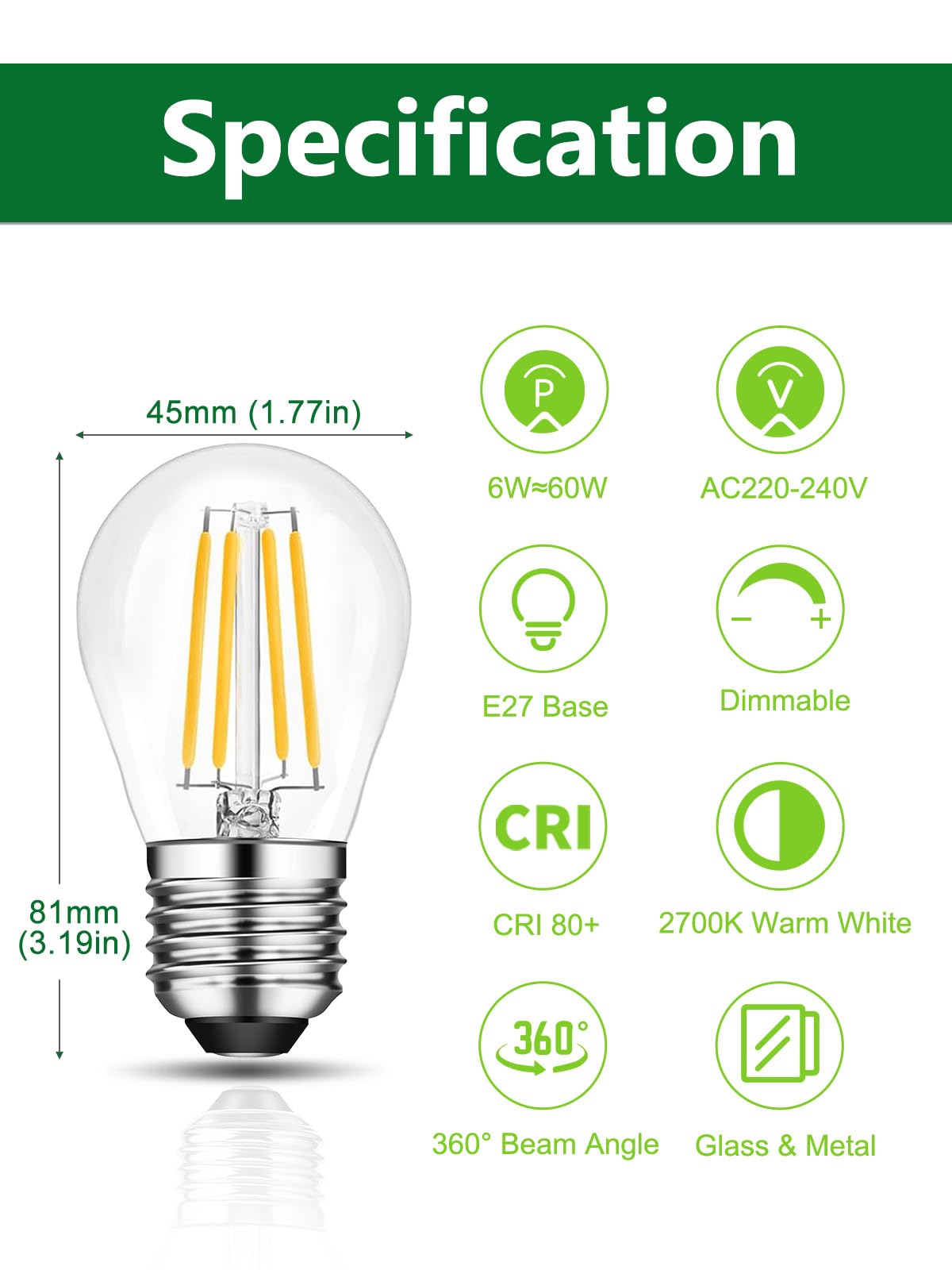 ROMANJOY 230V E27 Dimmable G45 6W LED Light Bulb, 10 Pack (2700K Warm)