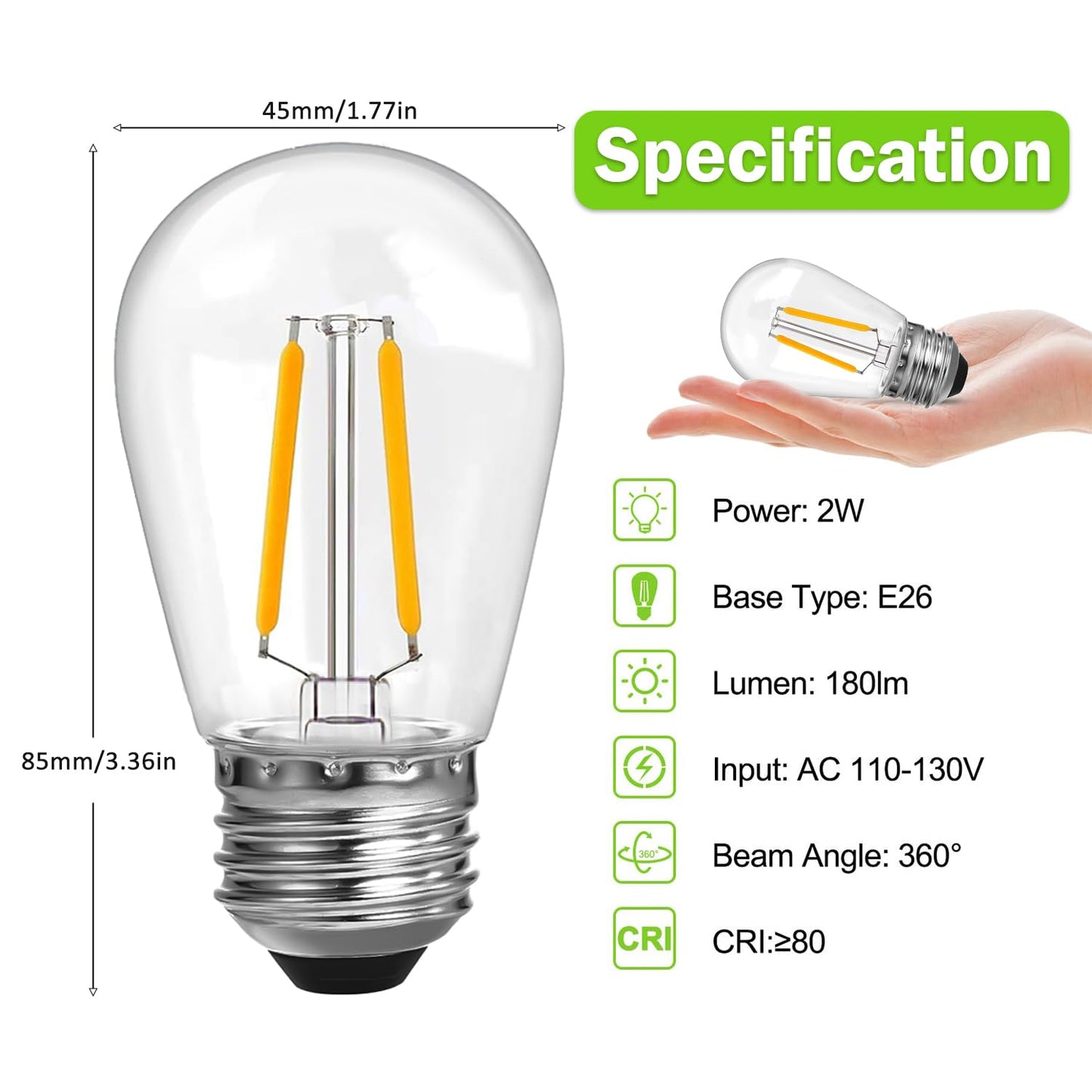ROMANJOY 120V E26 PC Plastic S14 2W LED Light Bulb, 15 Pack (2700K Warm)
