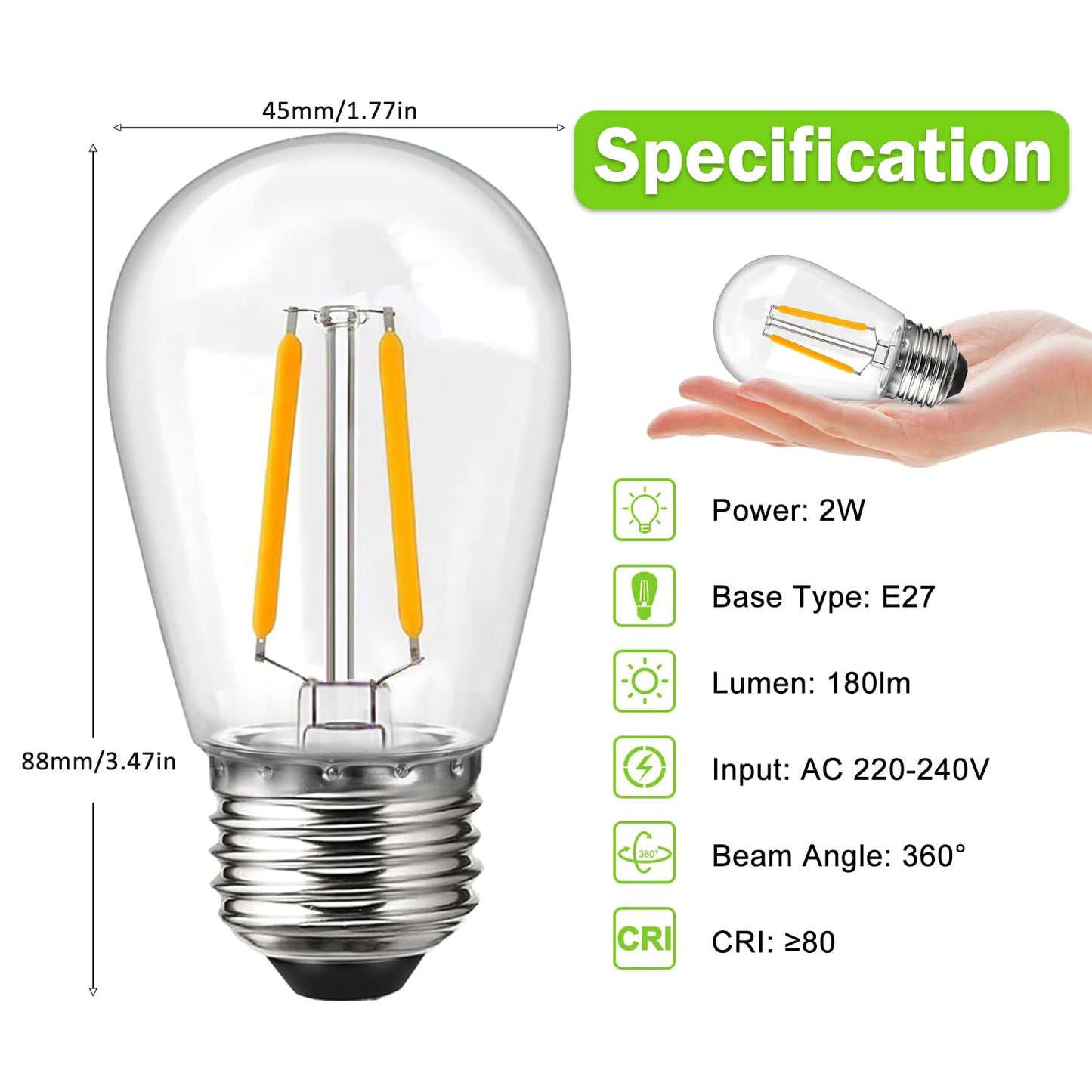 ROMANJOY 230V E27 PC Plastic S14 2W LED Light Bulb, 15 Pack (2700K Warm)