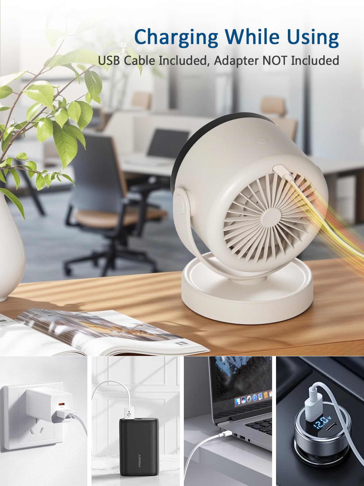 ROMANJOY 4 Speeds Cordless Office Desk Fan (White)