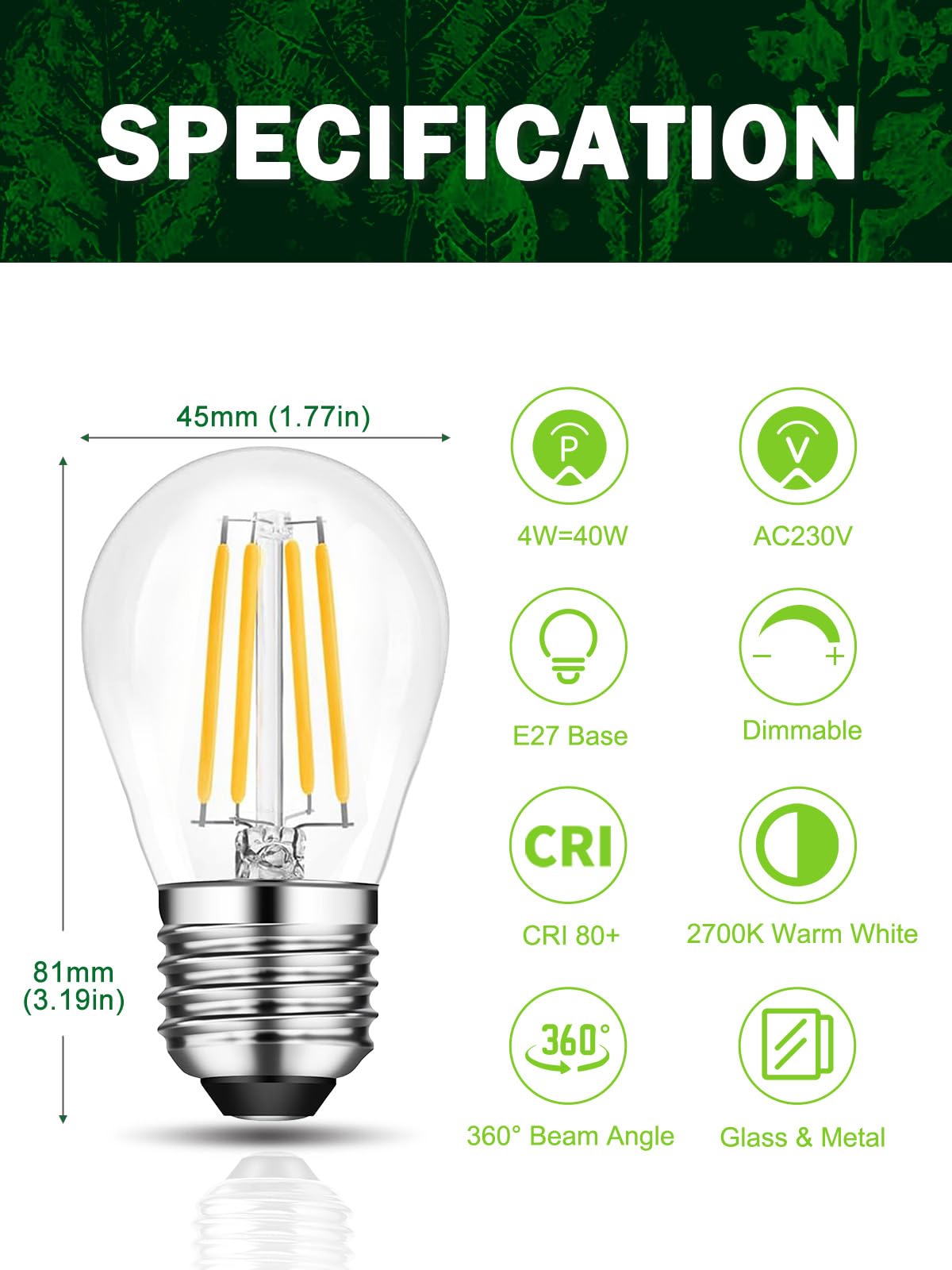ROMANJOY 230V E27 Dimmable G45 4W LED Light Bulb, 4 Pack (2700K Warm)