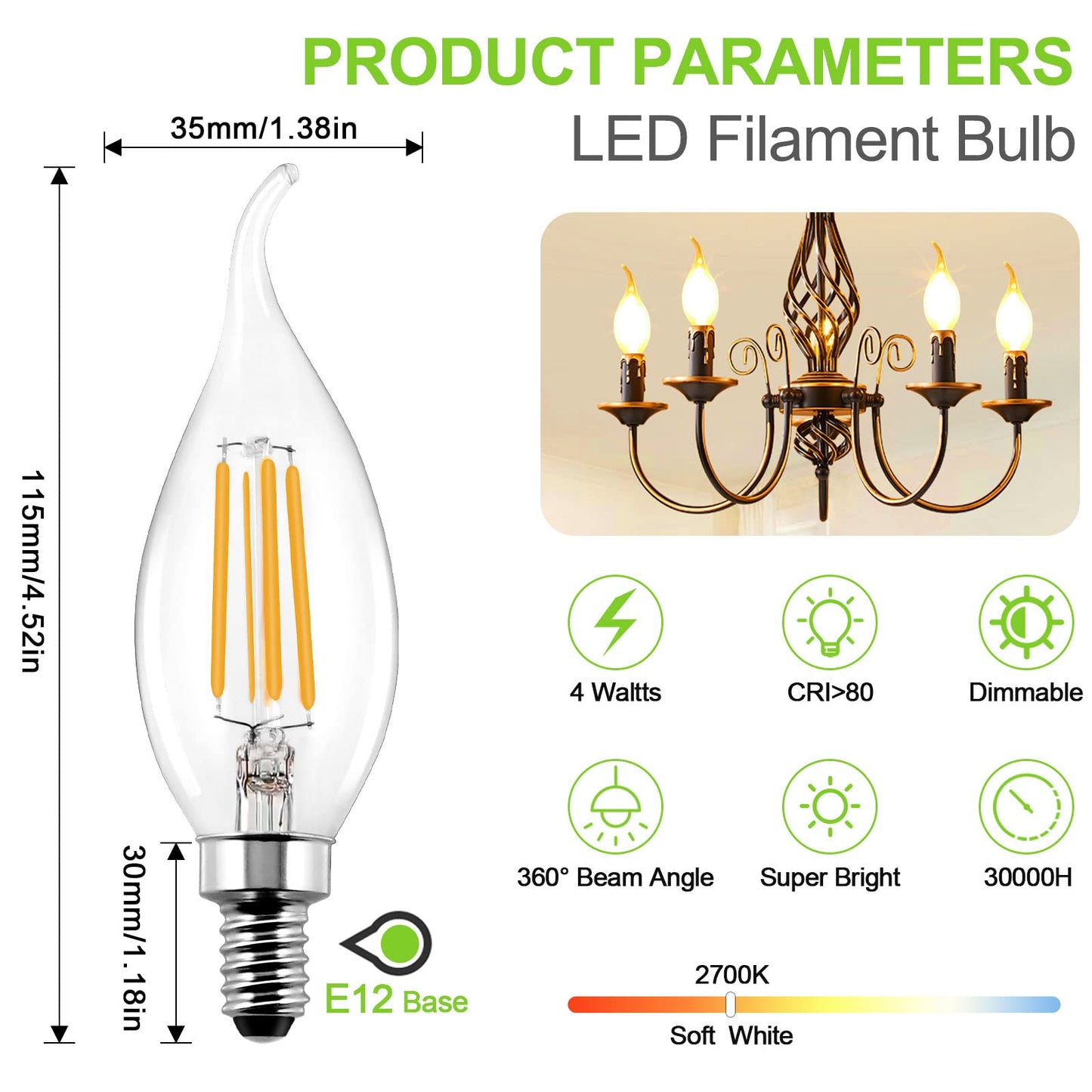 ROMANJOY 120V E12 Dimmable C35T 4W LED Light Bulb, 4 Pack (2700K Warm)
