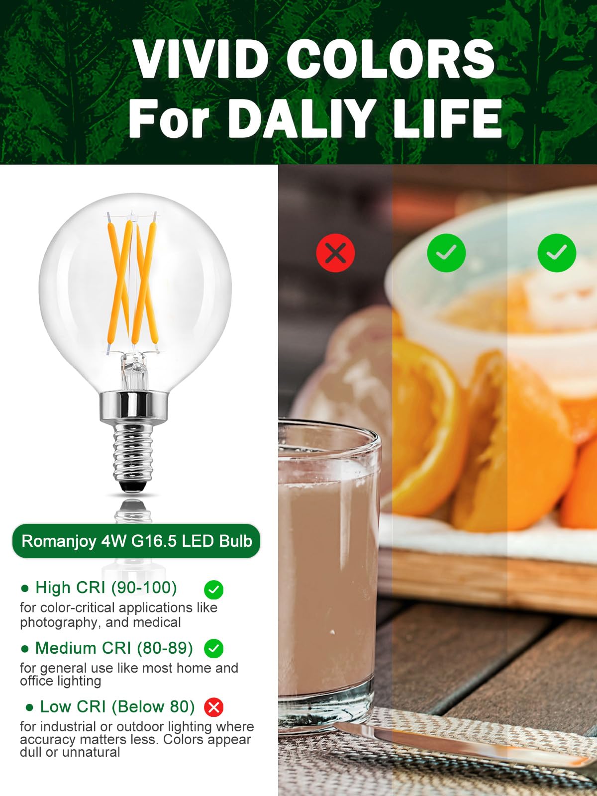 Romanjoy 120V E12 Dimmable G16.5 4W LED Light Bulb, 10 Pack (2700K Warm)