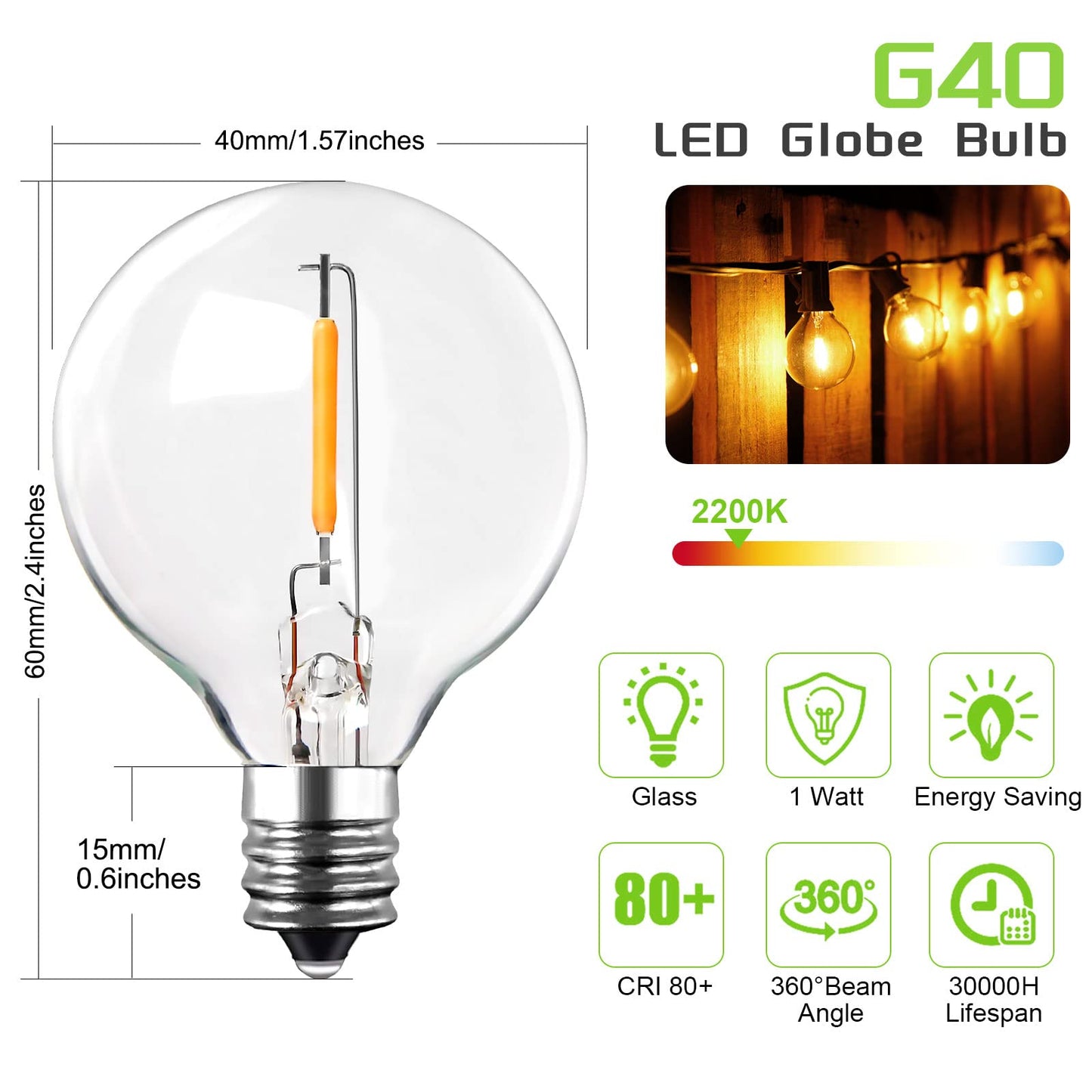 ROMANJOY 230V E12 1W G40 LED Light Bulbs, 6 Pack (2200K Warm)