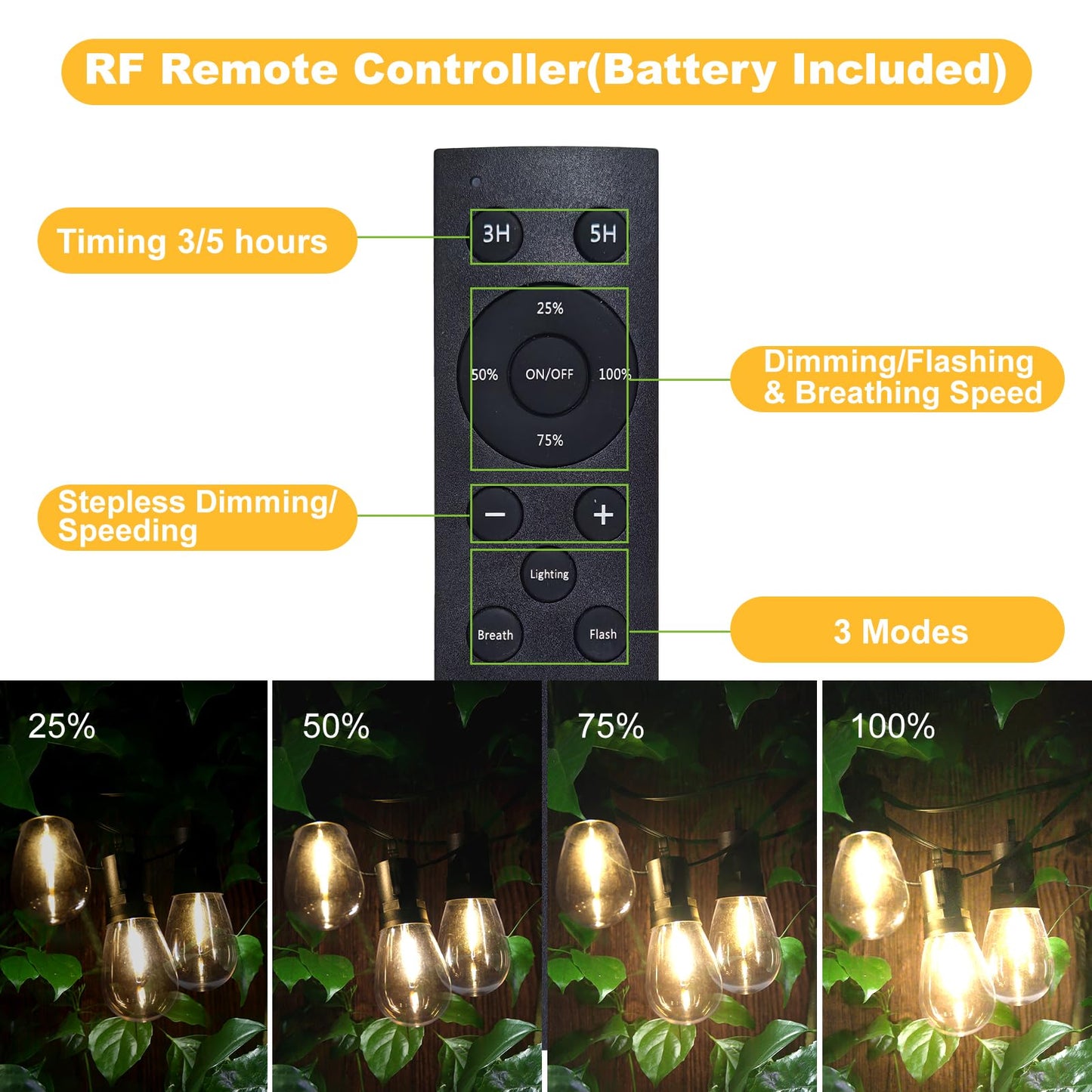 ROMANJOY US Adapter Powered 15M 49FT E12 S14 LED Outdoor String Lights (2700K)