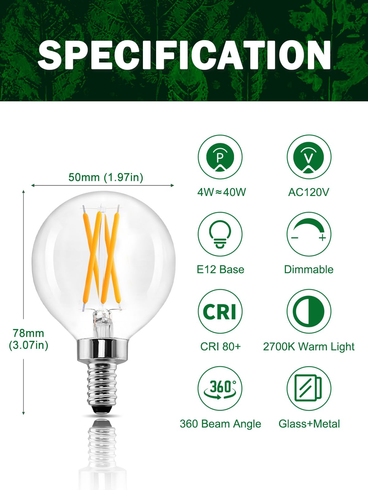 Romanjoy 120V E12 Dimmable G16.5 4W LED Light Bulb, 10 Pack (2700K Warm)