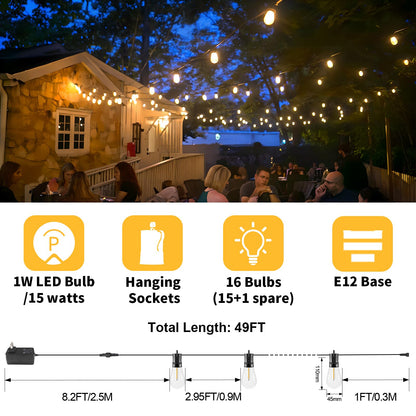 ROMANJOY US Adapter Powered 15M 49FT E12 S14 LED Outdoor String Lights (2700K)