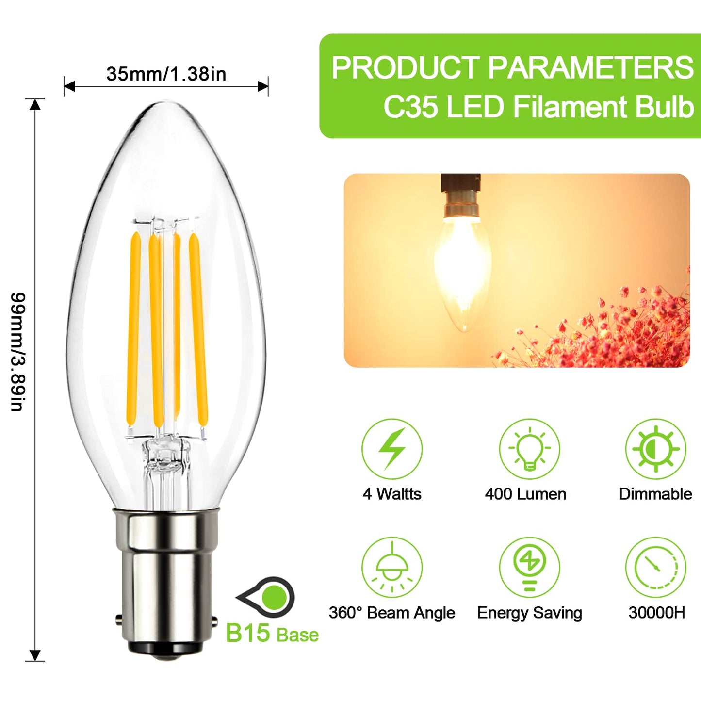 ROMANJOY 230V B15 Dimmable C35 4W LED Light Bulb, 5 Pack (2700K Warm)