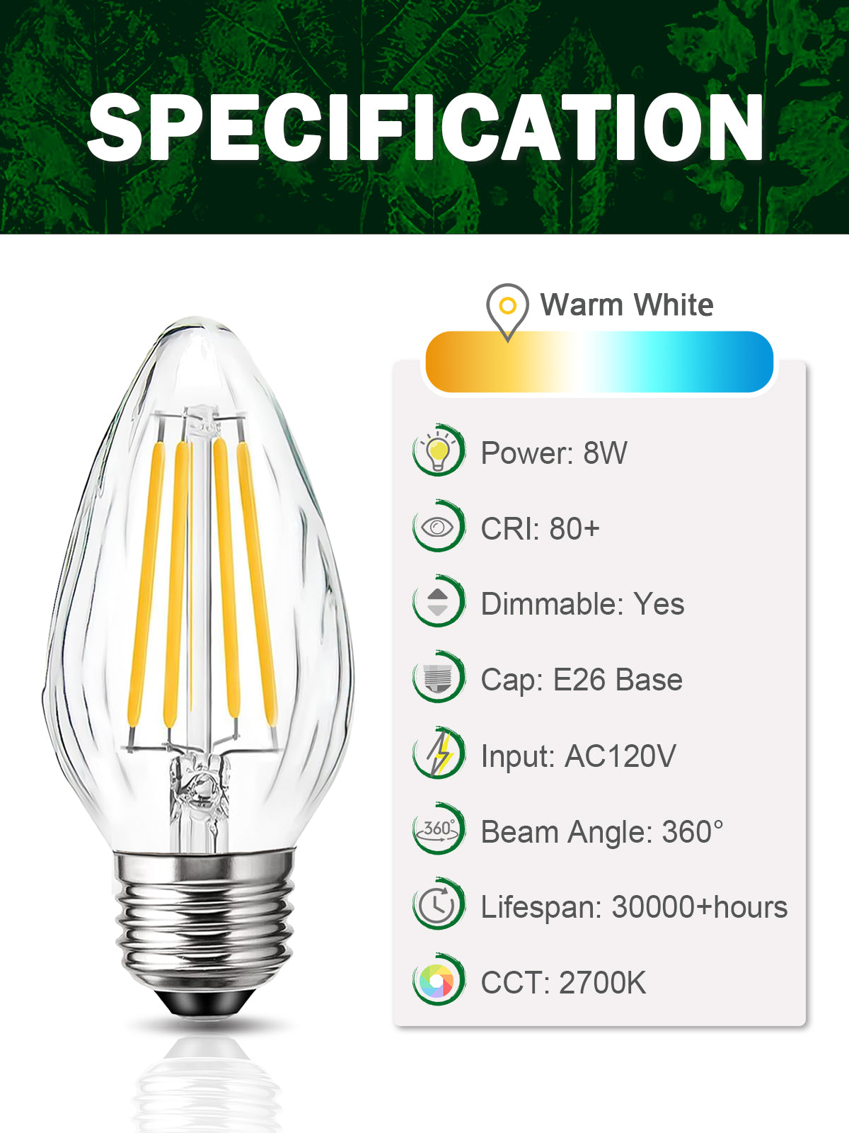 ROMANJOY 120V E26 Dimmable F15 8W LED Light Bulb, 4 Pack (2700K Warm)