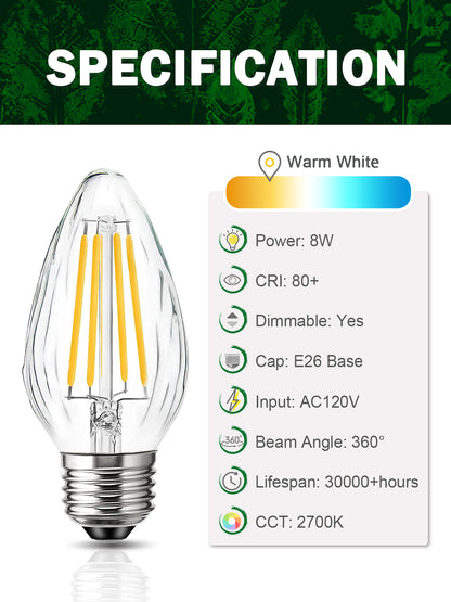 ROMANJOY 120V E26 Dimmable F15 8W LED Light Bulb, 4 Pack (2700K Warm)