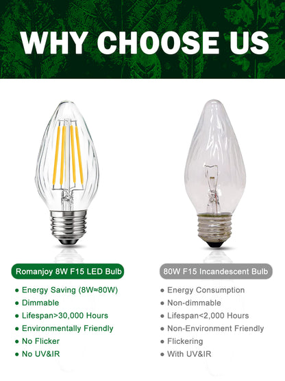 ROMANJOY 120V E26 Dimmable F15 8W LED Light Bulb, 4 Pack (2700K Warm)